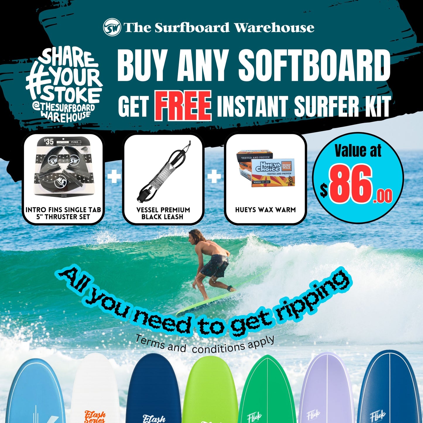 Buy Any Softboard Get FREE Instant Surfer Kit For Size 5.6~6.6 Boards