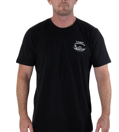 RETRO SURFBOARD WAREHOUSE T-SHIRT - BLACK