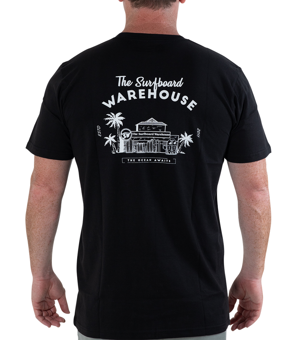 RETRO SURFBOARD WAREHOUSE T-SHIRT - BLACK